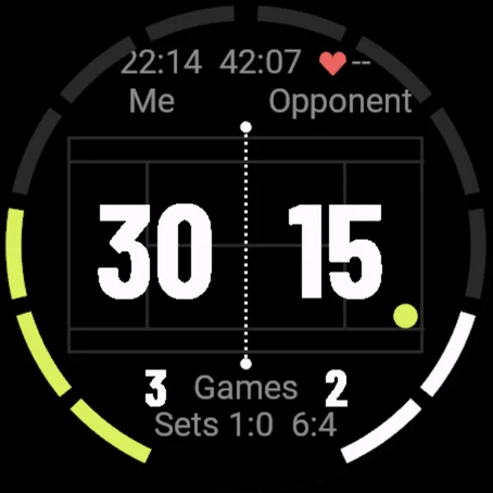 Deuce on a Garmin watch: the tennis court from above with the score 30:15 and the ring of games