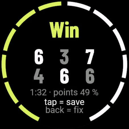 End of match screen: win 6:4 3:6 7:6 with duration and share of points won