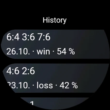 Match history on the watch with scores, dates and results