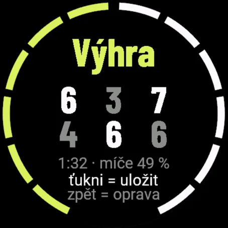 Konec zápasu: výhra 6:4 3:6 7:6 s délkou a podílem vyhraných míčů