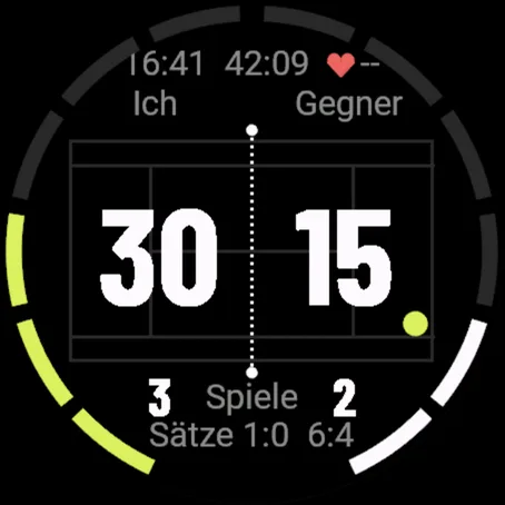 Deuce auf einer Garmin-Uhr: der Tennisplatz von oben mit dem Stand 30:15 und dem Ring der Spiele