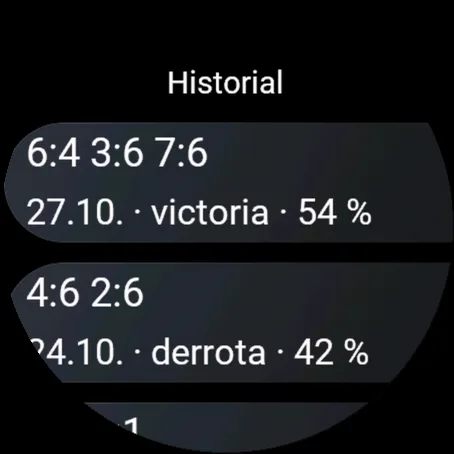 Historial de partidos en el reloj con marcadores, fechas y resultados