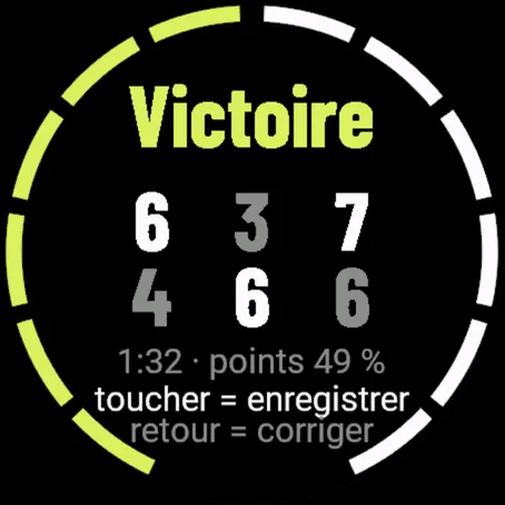 Fin du match : victoire 6:4 3:6 7:6 avec la durée et la part des points gagnés