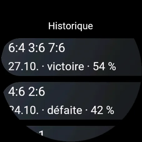 Historique des matchs sur la montre avec scores, dates et résultats