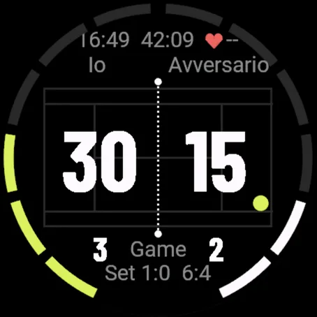 Deuce su un orologio Garmin: il campo da tennis dall’alto con il punteggio 30:15 e l’anello dei game