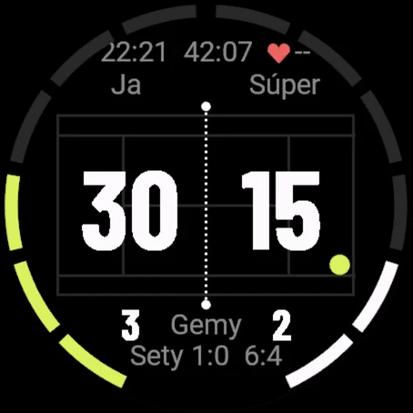 Deuce na hodinkách Garmin: tenisový kurt zhora so skóre 30:15 a prstencom gemov